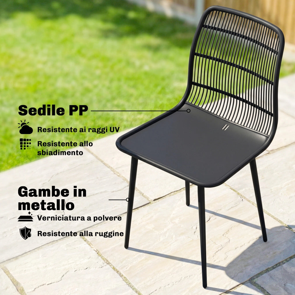 Sedie da Pranzo per Esterni Set da 4 ¨C Zephmum ¨C Nero, Polyrattan, Schienale Fessurato