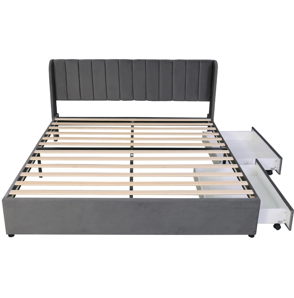 Letto imbottito 180x200 cm in velluto grigio con rete a doghe, testiera e 2 cassetti