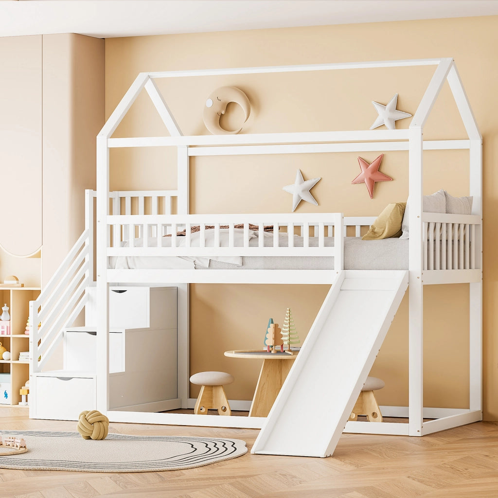 Letto a castello per bambini - Zephmum- 90x200 cm - Bianco - Con scivolo, scala con contenitore e struttura robusta