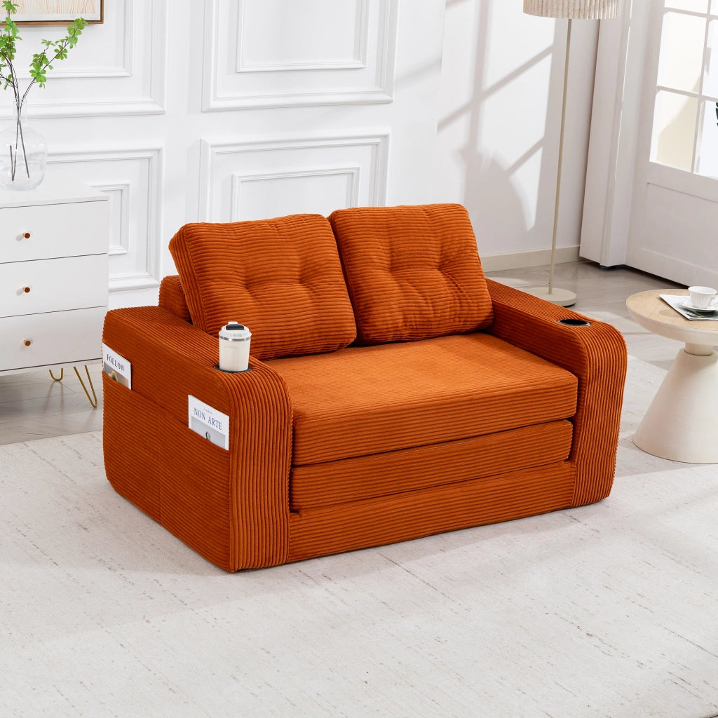 Divano modulare a due posti in velluto a coste con braccioli portabicchieri e tasche laterali arancione 136 × 80 × 82,5 cm