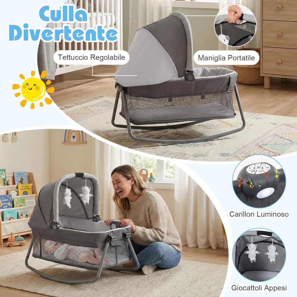 Culla Campeggio Bambini 5 in 1, Lettino Viaggio Neonati Pieghevole con Materasso, Fasciatoio e Tettoia, Box Portatile con Ruote, 2 Giocattoli Appesi e Carillon, per Bambini 0-3 Anni (Grigio)