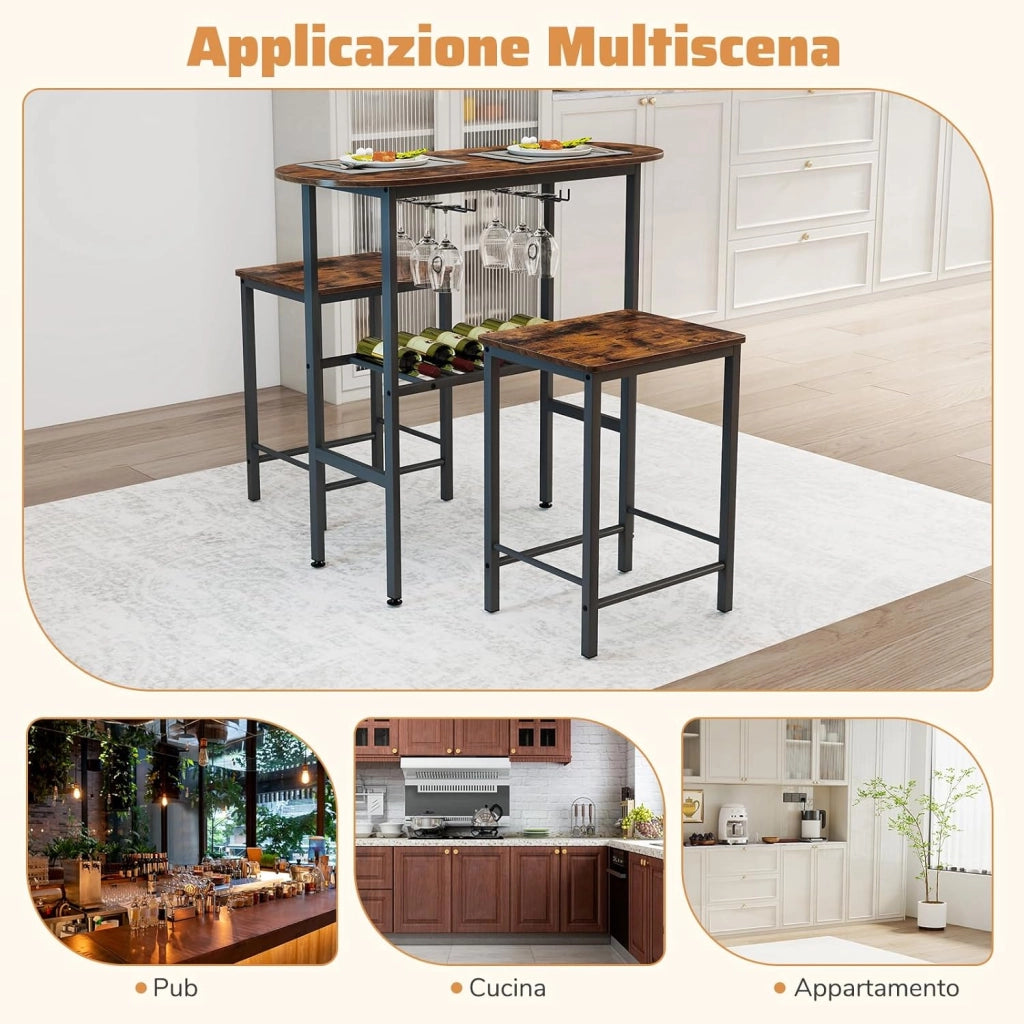 Tavolo da Pranzo con 2 Sgabelli, Tavolino e Sedie con Portabottiglie, Poggiapiedi e Struttura in Metallo, Mobili da Cucina per Bar, Bistro e Soggiorno (Marrone e Nero)