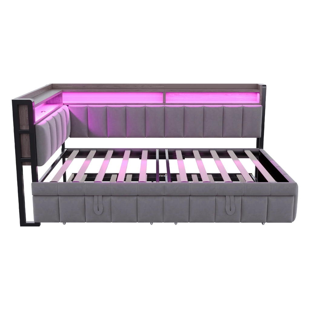 Divano letto 90x200 cm con LED; contenitori e USB in tessuto grigio