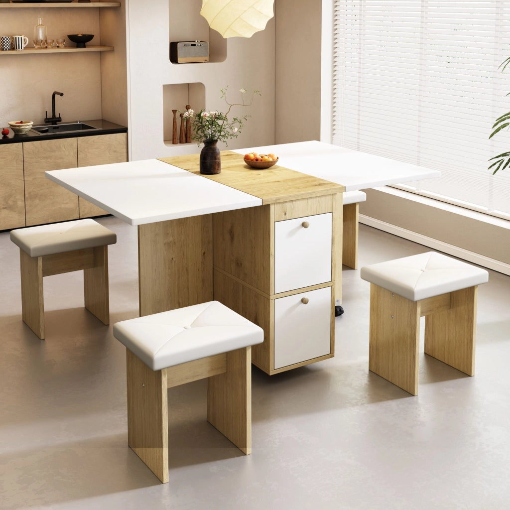 OKWISH Set Tavolo e 4 Sedie da Pranzo Pieghevole e Salvaspazio, Multifunzionale, in Pannello di Particelle Bianco e Rovere