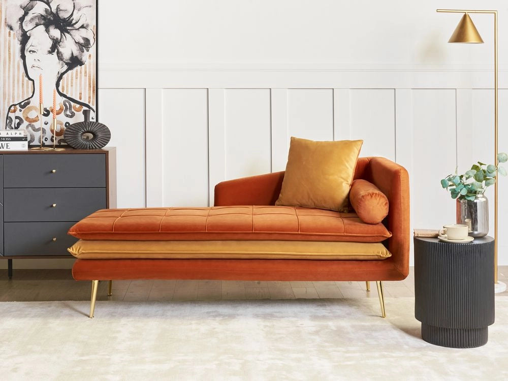 Chaise Longue Arancione Velluto versione Destra Tufted Abbottonato Spessamente Imbottito con Cuscini Mano Sinistra Mobili Soggiorno