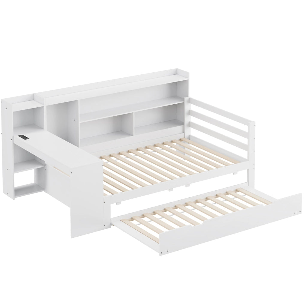 Letto multifunzionale in legno 90x200 cm con letto estraibile, scrivania e scaffali