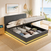 Letto matrimoniale imbottito 140x200 cm in tessuto corduroy grigio scuro; testiera regolabile con LED e USB-C