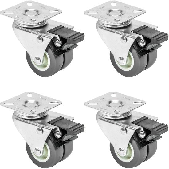 Ruote pesanti doppie con freno | Poliuretano | 4 pezzi | 50 mm | fino a 400 kg | Grigio