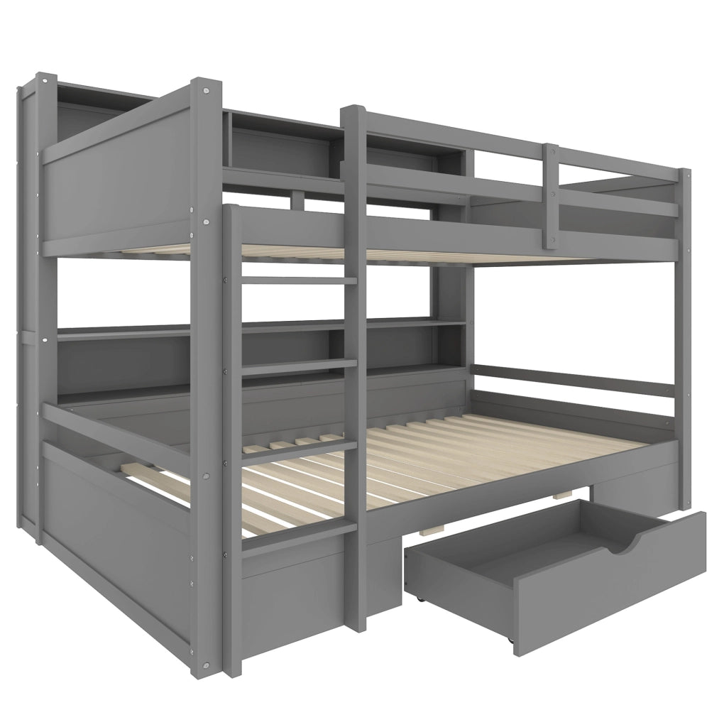 Letto a castello 90x200 cm con cassetto e vani portaoggetti; pino e MDF; grigio (Senza materasso)