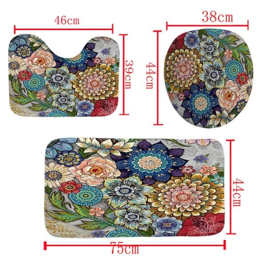 Set di tre tappeti per bagno in stile bohemiano senza gomma antiscivolo tappeti per bagno senza tessuto set di stampa 3D digitale impermeabile e resistente ai funghi tappeti per bagno per toilette - Fiore bohemiano - 75*45