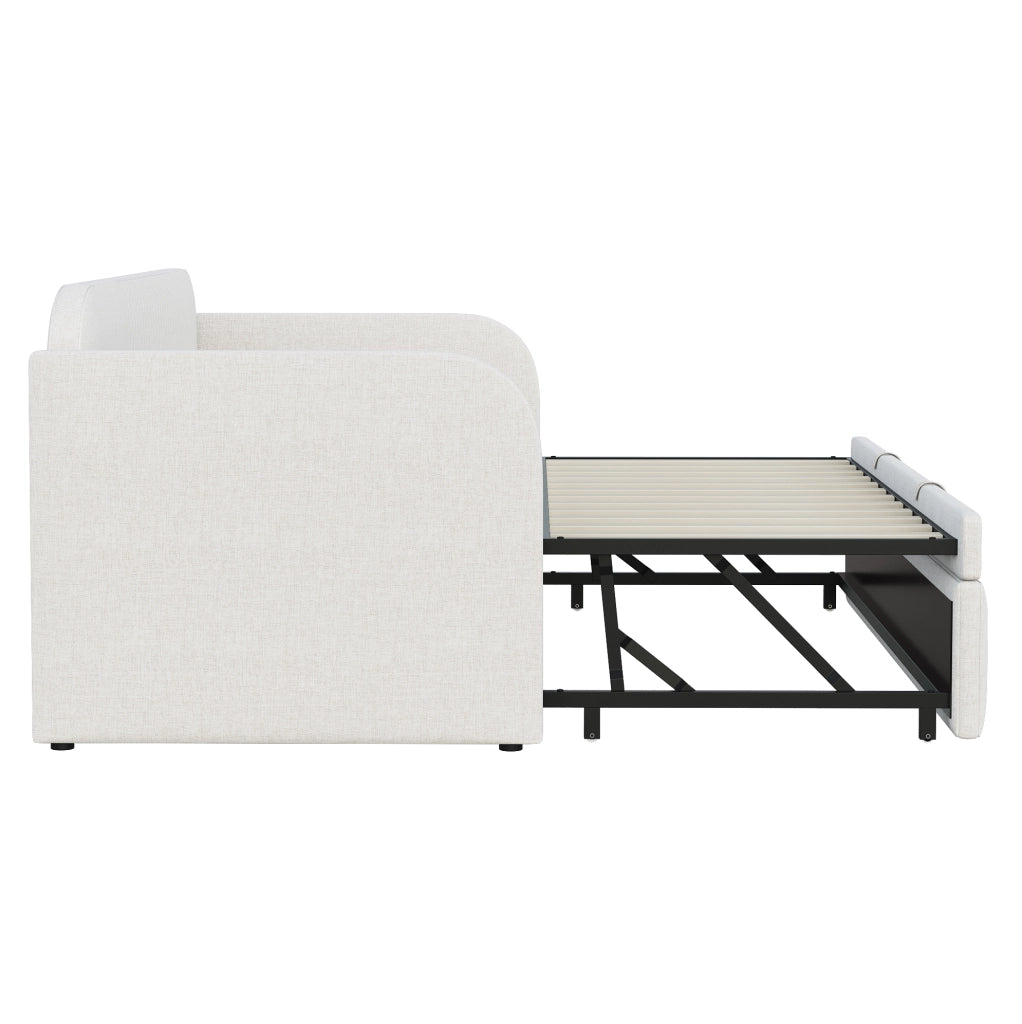 Divano letto imbottito 90x190 cm convertibile in 180x190 cm; rete a doghe; lino beige