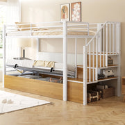 Letto a soppalco multifunzione 90x200 cm con scala contenitore, rete idraulica e schienale imbottito, bianco