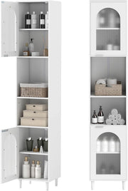 Armadio da Bagno a Colonna Autoportante 180 cm, con Ripiani Regolabili, Scomparti Aperti e Ante in Vetro Temperato, Mobile Portaoggetti per Soggiorno e Cucina, Bianco