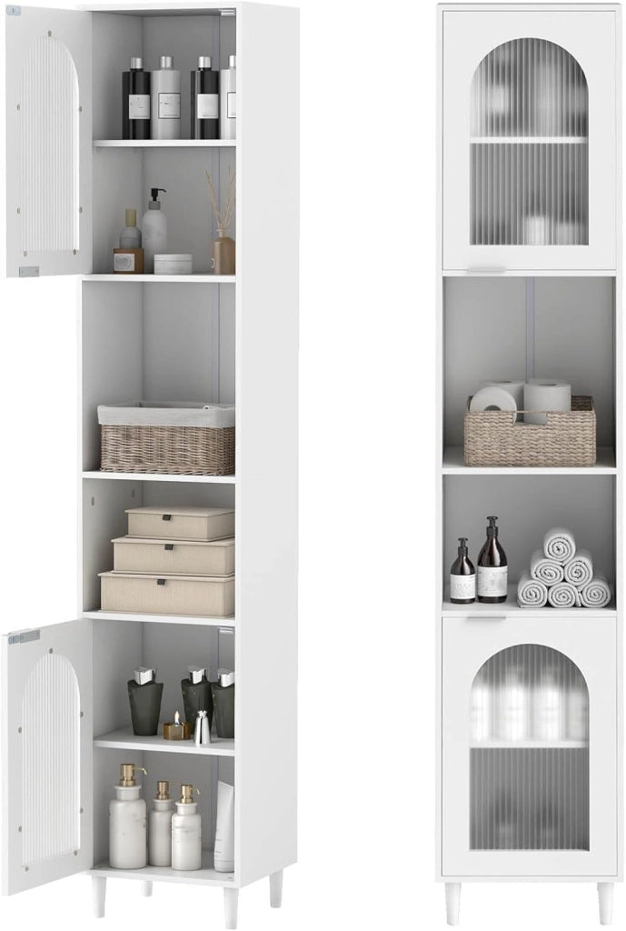 Armadio da Bagno a Colonna Autoportante 180 cm, con Ripiani Regolabili, Scomparti Aperti e Ante in Vetro Temperato, Mobile Portaoggetti per Soggiorno e Cucina, Bianco
