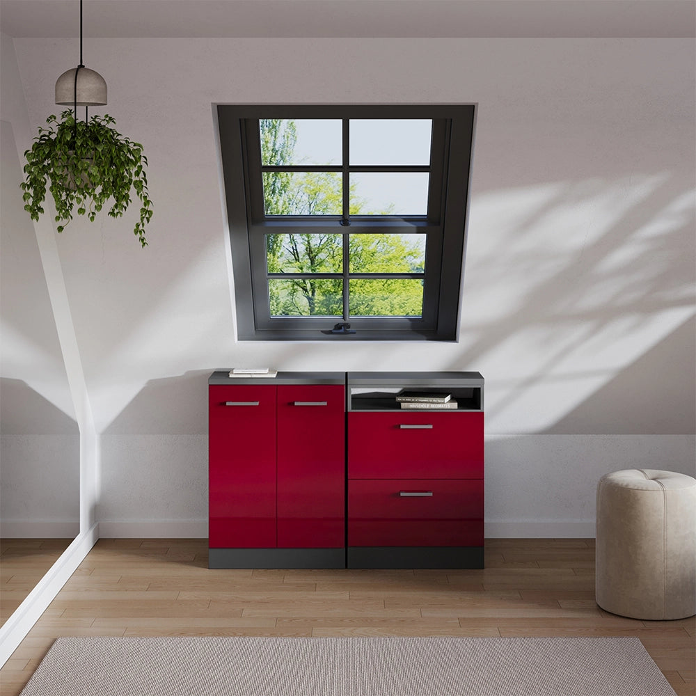 Set di mobili sottotetto Rion Rosso lucido/Antracite 120 cm Set di 2 carcasse armadio profondità 60 cm Vicco