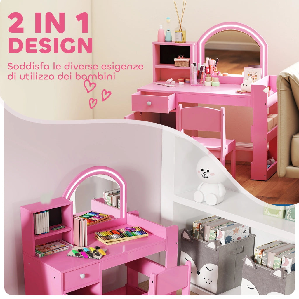 Set Toeletta Trucco per Bambini 2 in 1 con Specchio Luce LED 88,6x38,8x96,9 cm e Sedia in MDF Rosa