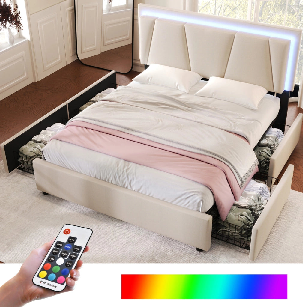 Letto contenitore 140x200 cm con LED; testiera regolabile e 4 cassetti; beige