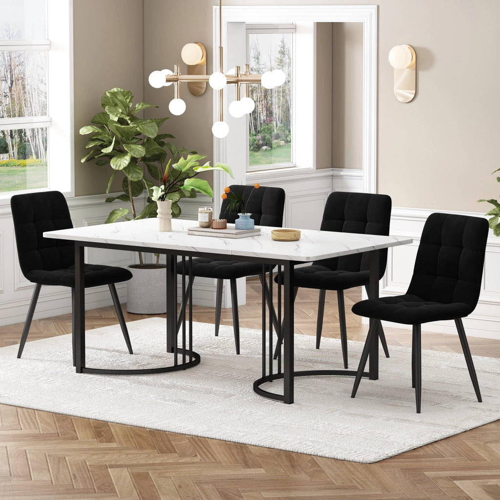 Tavolo da pranzo per 4 persone con 4 sedie, piano effetto marmo e base in metallo, per cucina, bianco 140 × 80 cm