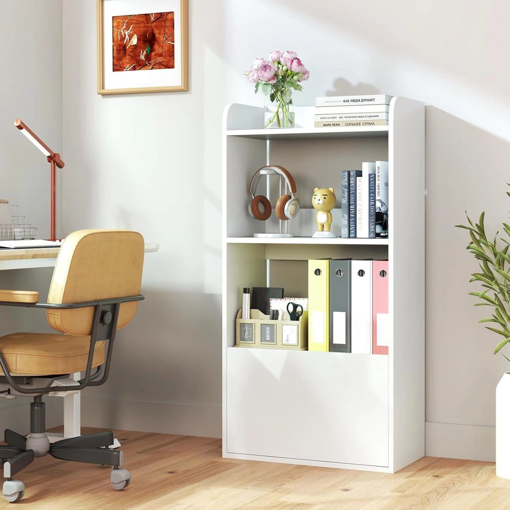 Libreria a 3 ripiani aperti e 1 cassetto, libreria in legno con kit antiribaltamento, 55 x 29 x 105 cm, scaffale per soggiorno, ufficio, camera da letto (bianco)