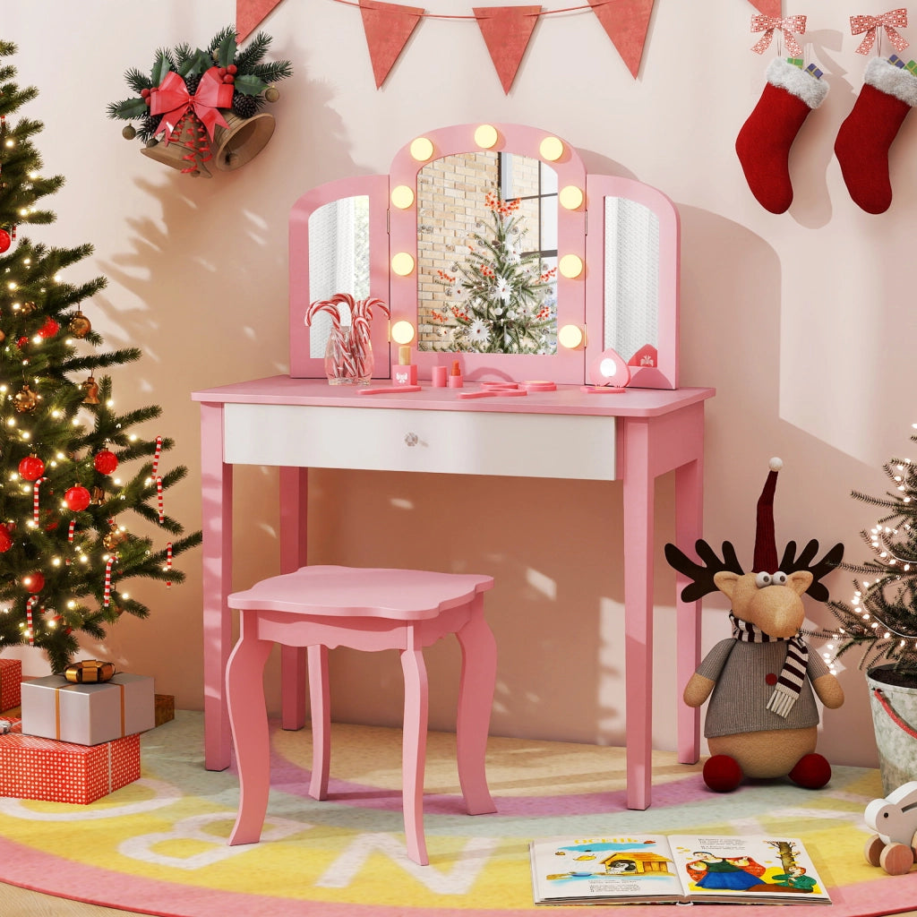 Set tavolo trucco bambini 2 in 1 principessa specchio 3 pieghe luci led, Set sgabello legno bambine 3+ anni gioco creativo regalo Rosa