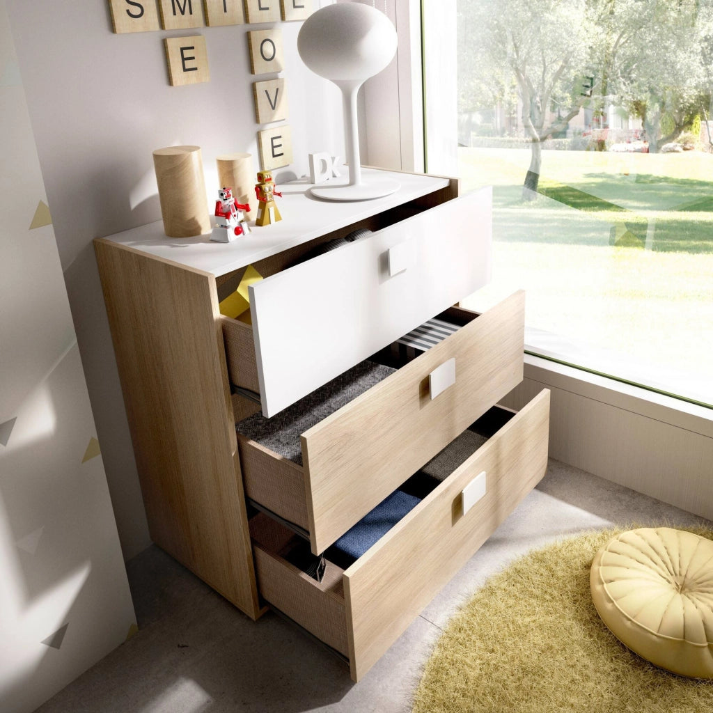 Cassettiera Alibaba, Settimanale per camera da letto, ComÒ² con 3 cassetti, 80x43h81 cm, Rovere e Bianco