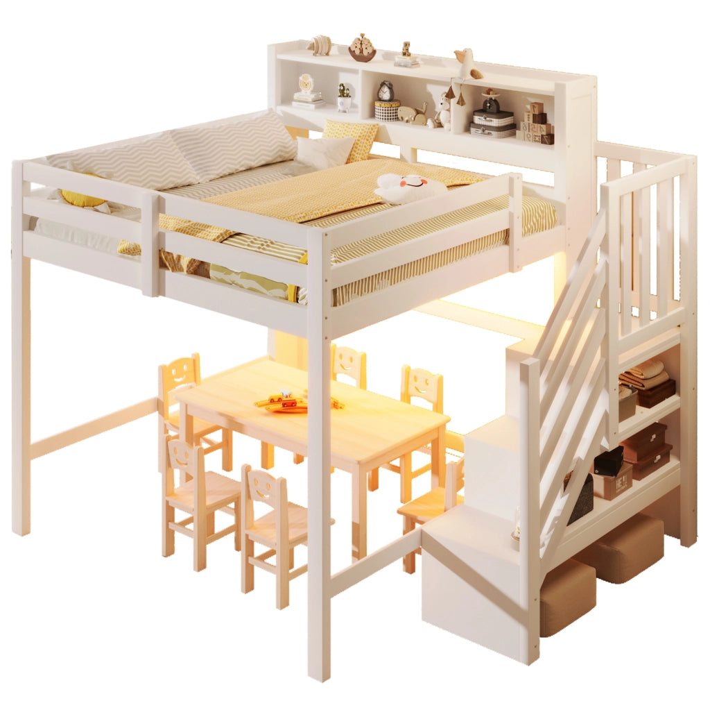 Letto a soppalco 140x200 cm con LED e scala contenitore bianco