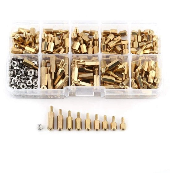 Set di supporti di fissaggio a distanza, 360 pezzi M2.5 in ottone, maschio-femmina + viti a 6 punte in acciaio inossidabile - Assortimento con scatola in plastica