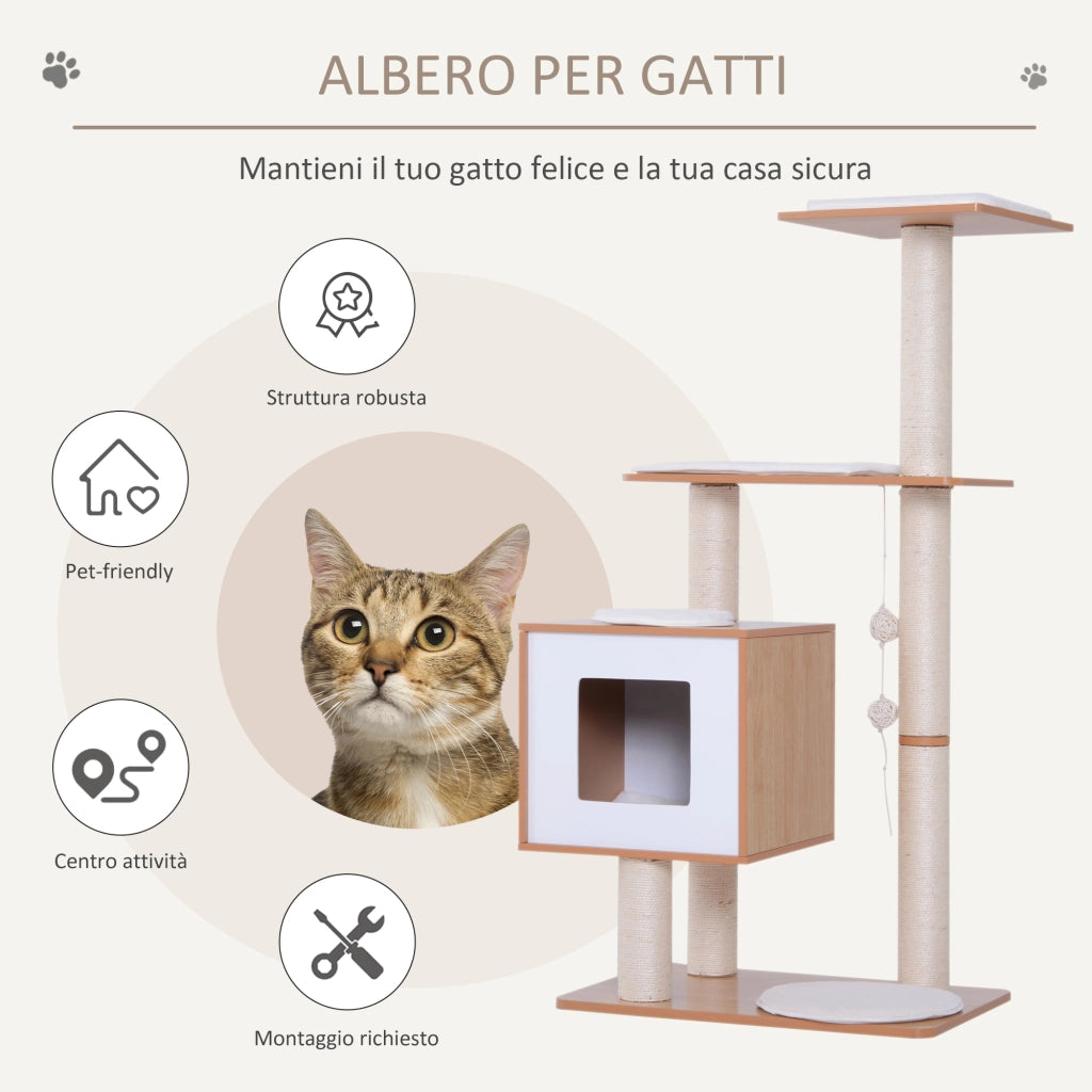 EasyComfort Tiragraffi Gatto Altezza 120cm con Cuccia Piattaforme e Giochi Sisal, MDF 71.5x49.5x120cm legno, bianco