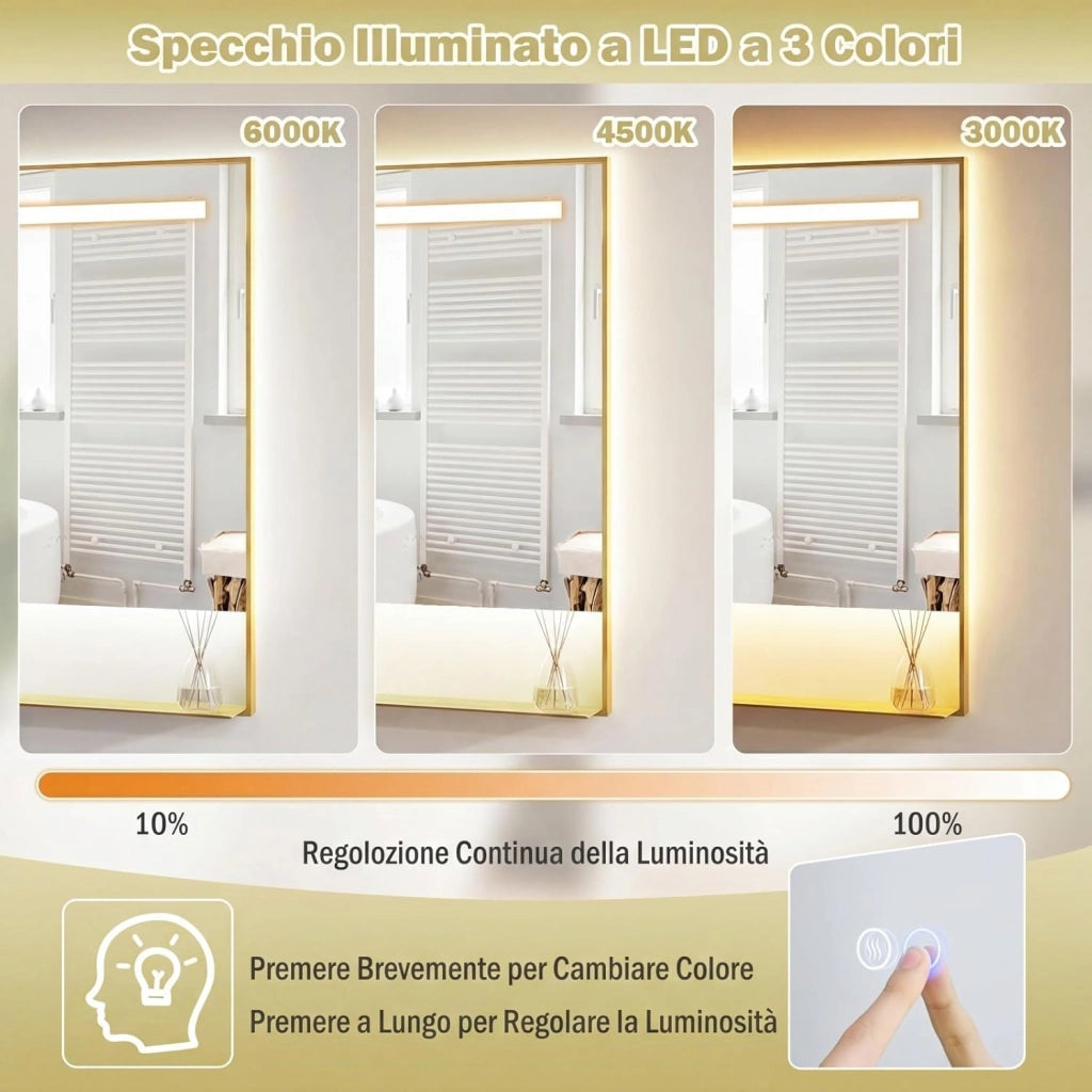 Specchio da Bagno LED 80 x 60 cm con Mensola, Specchio da Trucco con Cornice in Alluminio, Funzione Antiappannamento, 3 Colori di Luce e Luminosità Regolabile