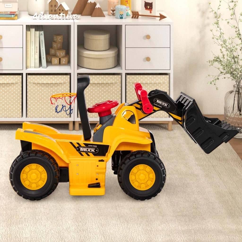 Escavatore elettrico per bambini a batteria, Cavalcabile con benna controllabile vano nascosto effetti sonori