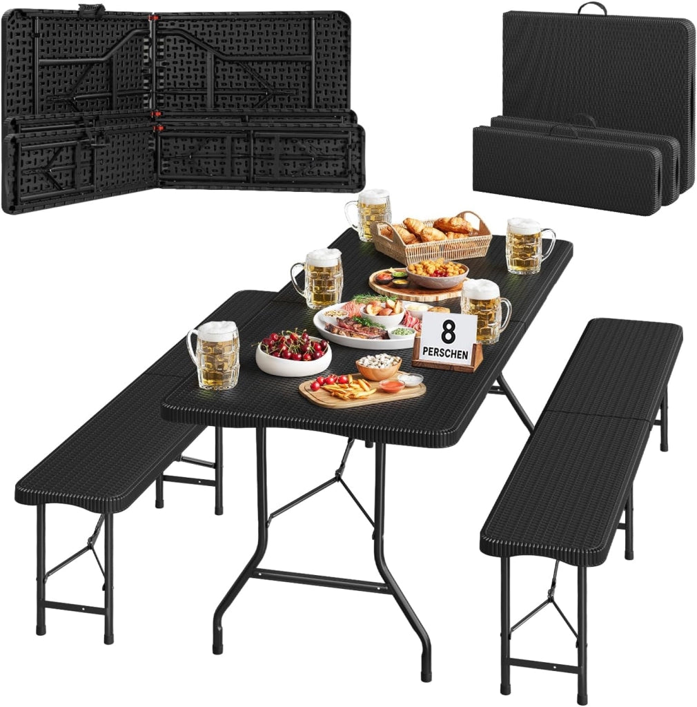 Set Birreria 3 Pezzi con Tavolo da Campeggio con 2 Panche Pieghevoli, Set Giardino Esterno Effetto Rattan, Resistente alle Intemperie e Facile da Pulire, per Campeggio, Giardino, Nero