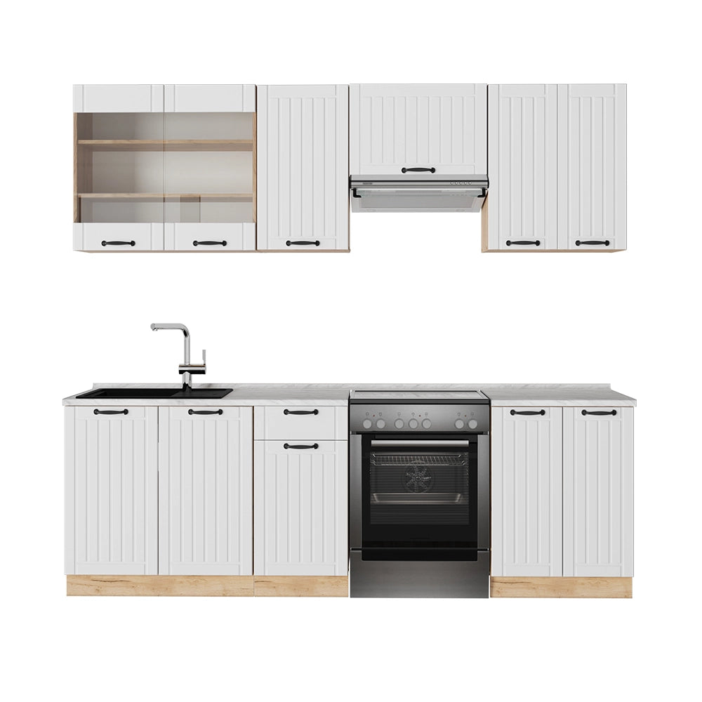 Cucina componibile Fame-Line Bianco rustico/Rovere dorato 240 cm, PL Marmo Vicco
