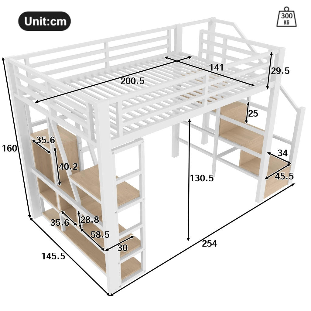 LETTO a soppalco 140 x 200 cm metallo e MDF bianco con LED