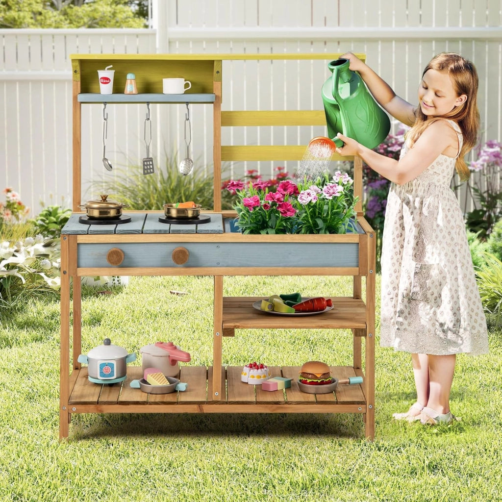 Cucina Giocattolo per Giardino, Cucina per Bambini con 2 Fornelli a Manopola, Lavandino e 3 Ganci, Set Cucina con Ripiani Aperti, 75 x 36 x 92 cm (Naturale, Senza Serbatoio dell'acqua)