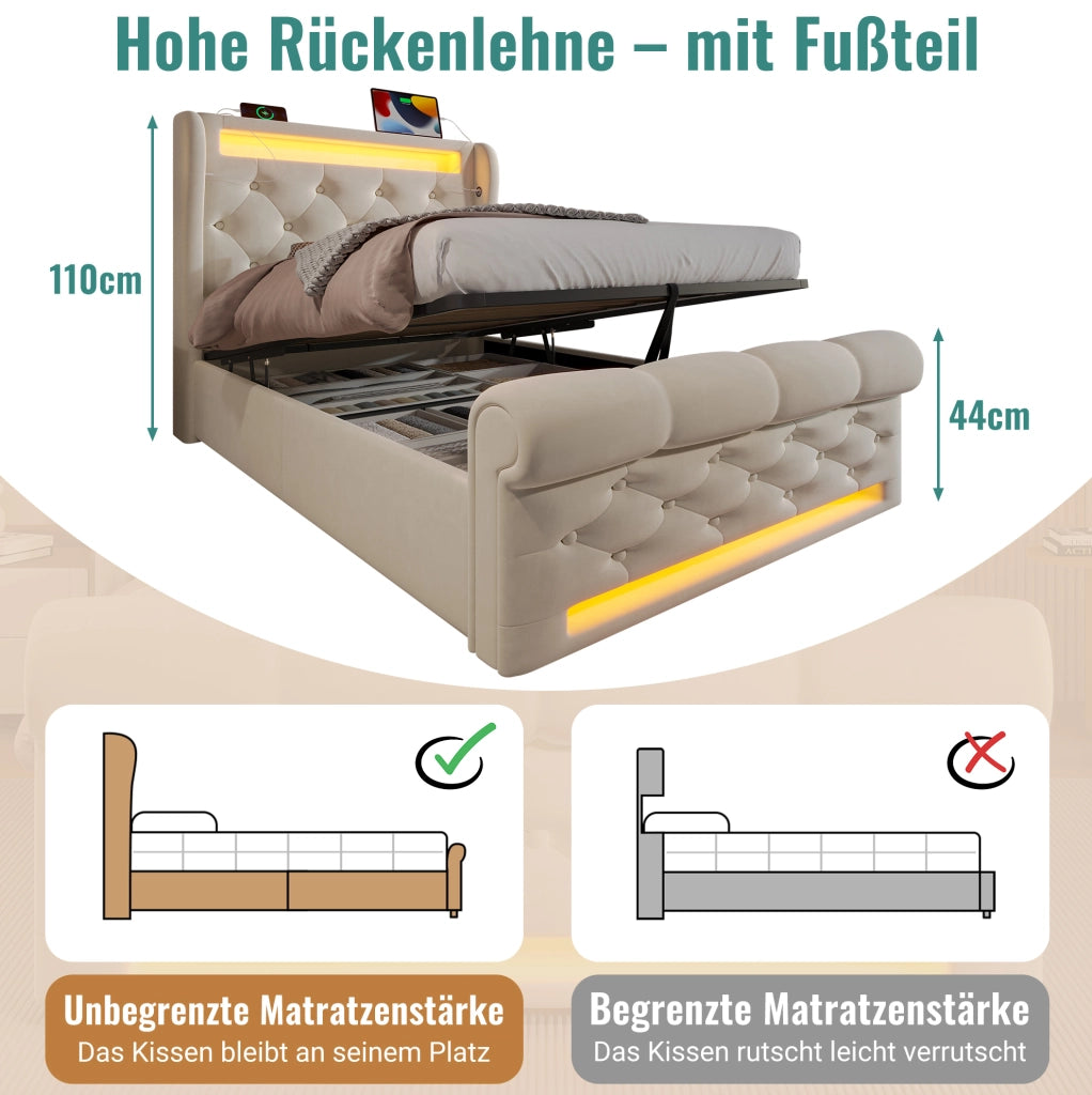 Letto imbottito con contenitore 90x200 cm in velluto beige; LED integrato e prese USB Type-C