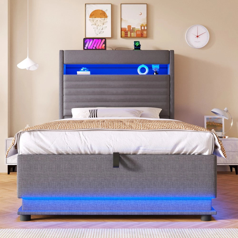 Letto Imbottito con LED e Contenitore Idraulico ¨C Xylo ¨C Grigio, 90x200 cm