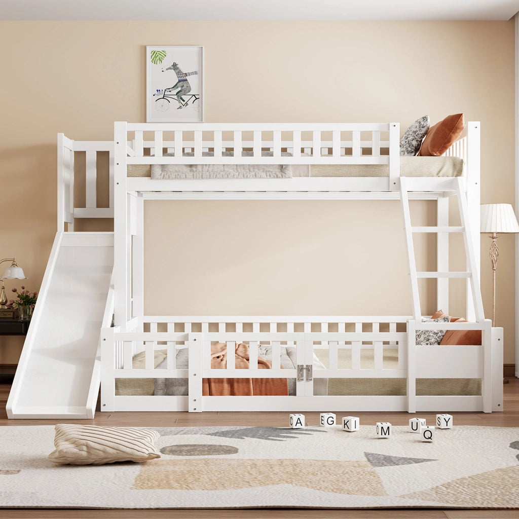 OKWISH Letto a Castello 140×200 cm, Letto Matrimoniale con Scivolo, Scala e Mensole, senza Materasso, in Pino e MDF, Bianco