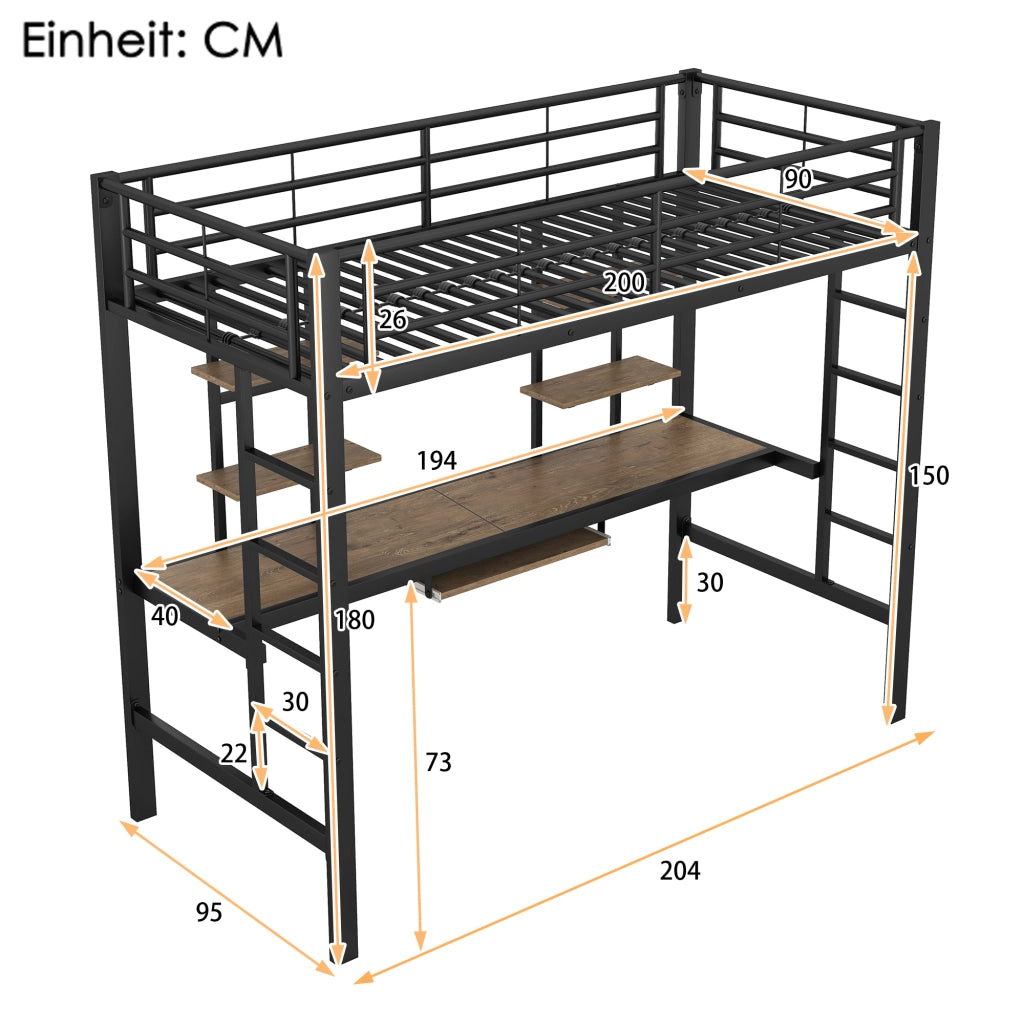 Letto a Soppalco Letto Singolo con Scrivania; 2 Scaffali e Ripiano; 90×200 cm; senza Materasso; Nero