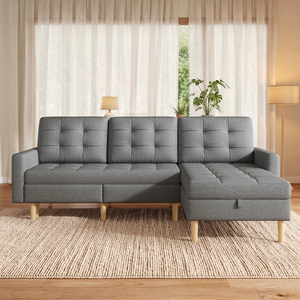 Divano angolare reversibile con chaise longue e doppio vano contenitore in tessuto grigio 212 × 130 × 86 cm