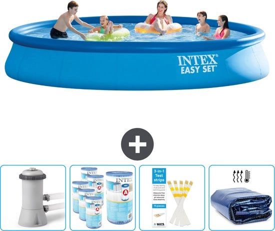 Piscina Rond Opblaibile Easy Set - 457 x 84 cm - Blu - Inclusa Pomp, Filtro e Testa Riparazione - Ombrello Solare