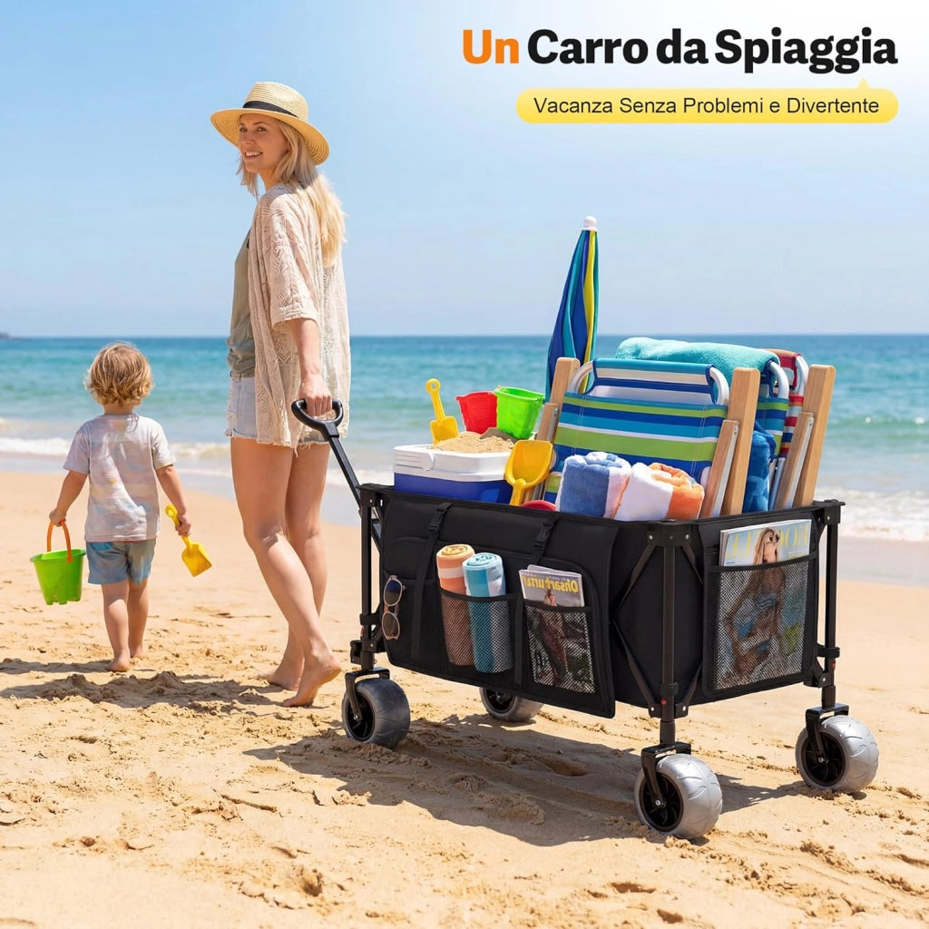 Carrello da Spiaggia Pieghevole 200L 150KG, Carrello Spiaggia per Tutti i Terreni con Ruote PU Extra Larghe 21.5x10 cm, Carretto Pieghevole Maniglia Regolabile 90° per Spiaggia, Campeggio(Nero)