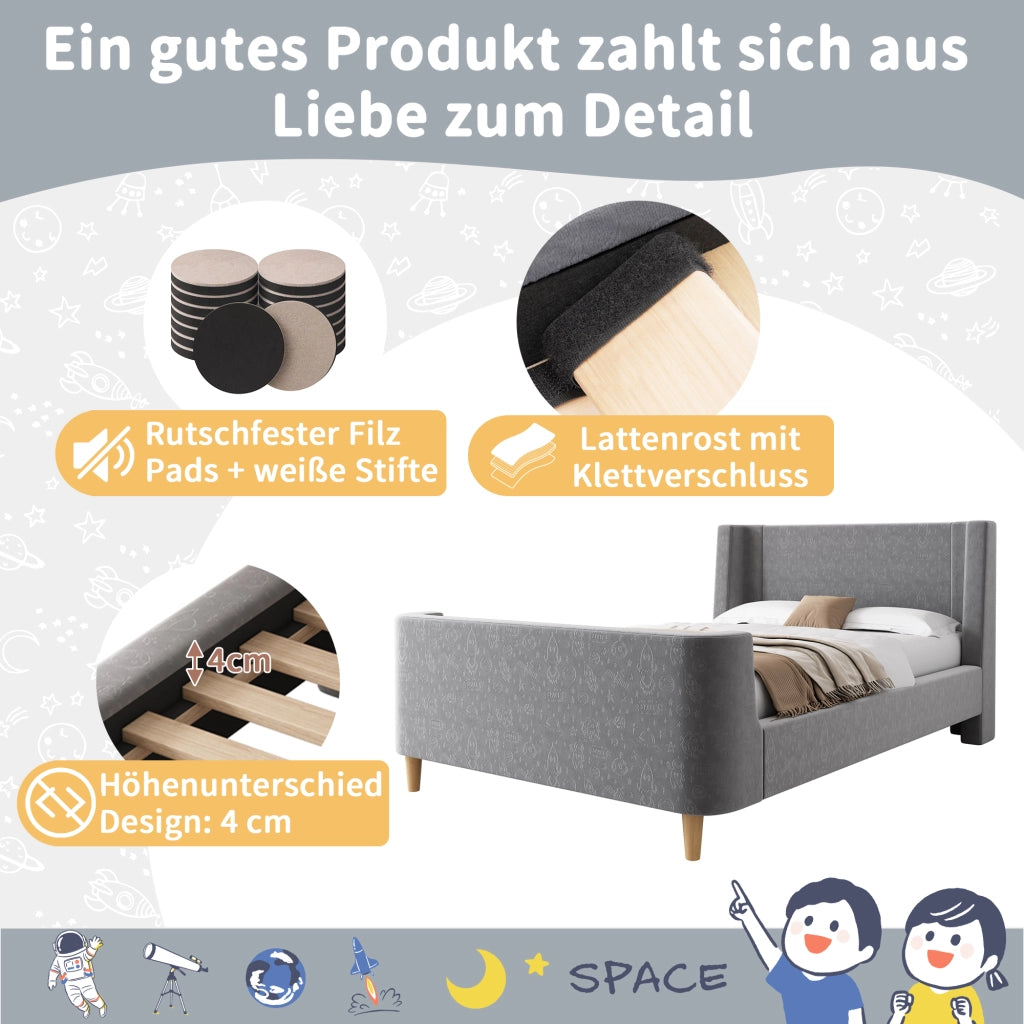 LETTO Bambini a slitta 90x200 cm in velluto grigio con motivo spaziale