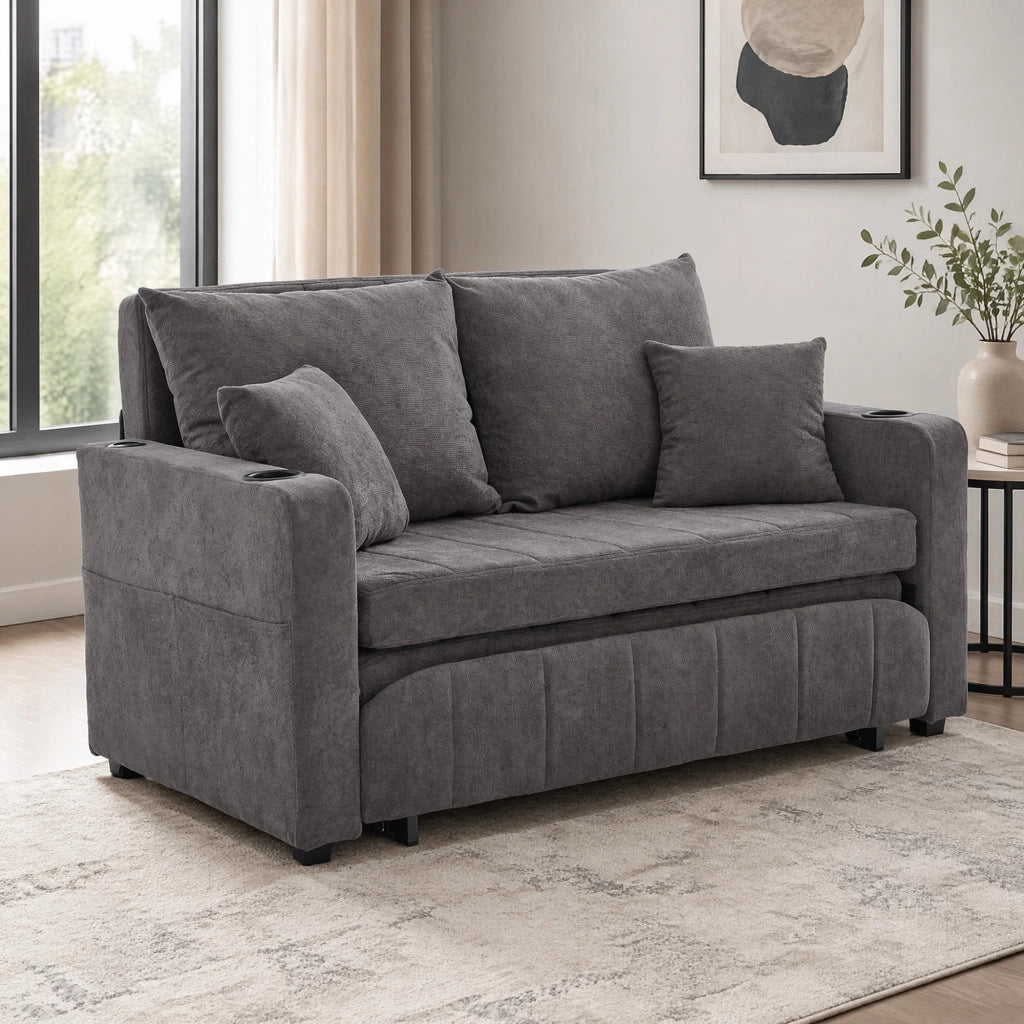 Divano letto multifunzionale in chenille grigio 139x83x58 cm; con cuscini e tasca laterale