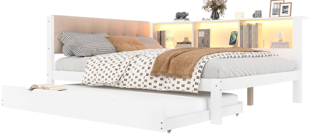 Letto Singolo con Rete Estraibile, LED e Ripiano ¨C MINIMAL ¨C Pino Bianco 140x200