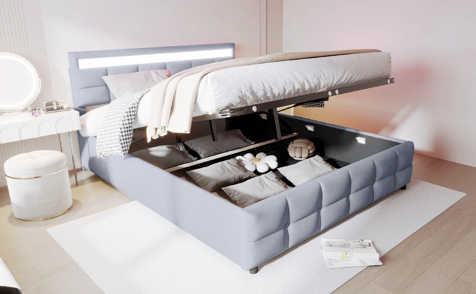 DESMIU Letto contenitore 180 × 200 cm 2 posti con LED, rete sollevabile, senza materasso, in velluto, grigio