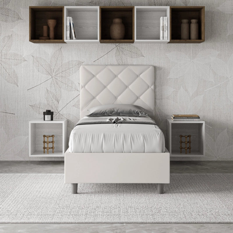 Letto imbottito Singolo 80x200 cm Priya - Bianco,Similpelle,Con rete
