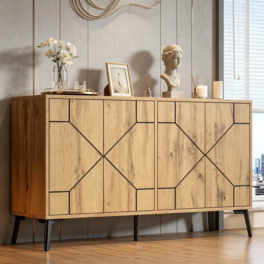 Credenza e madia con 4 ante e 4 vani, chiusura push-open, per soggiorno e cucina, in MDF, naturale, 120 × 35 × 69 cm