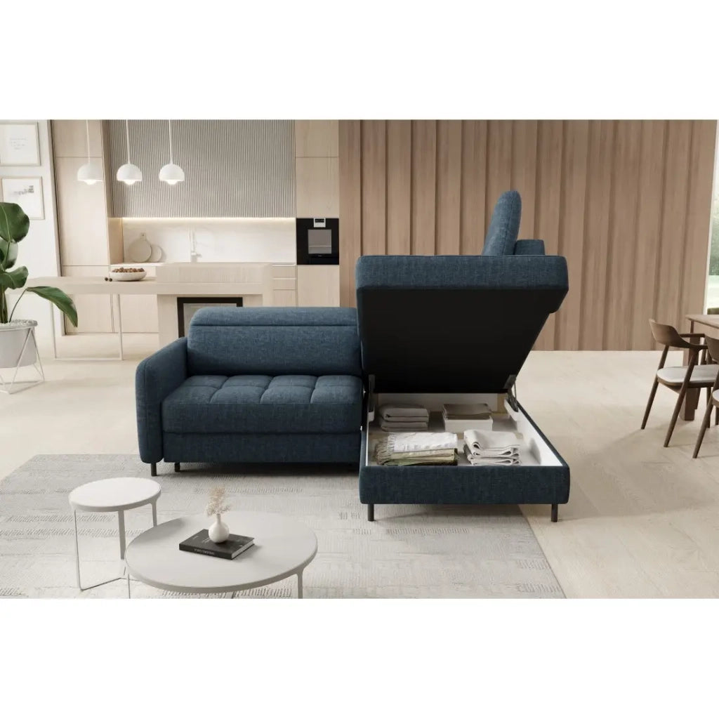 Divano angolare destro convertibile BARNEA 208 cm blu scuro con contenitore