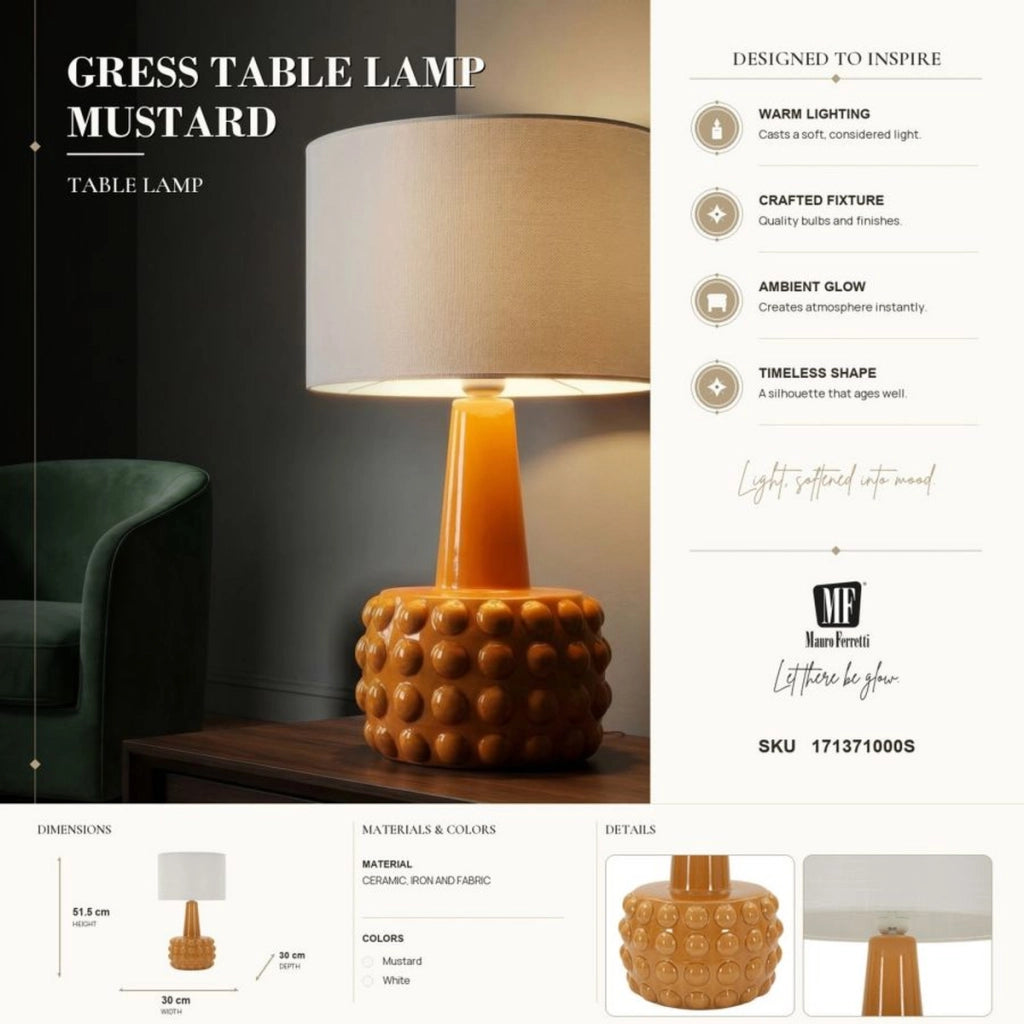 Lampada da tavolo Gress in ceramica senape e tessuto