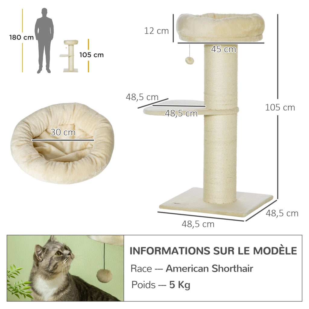 Albero tiragraffi per gatti con due piattaforme, cesto, sisale e giochi ¨C zephmum ¨C beige